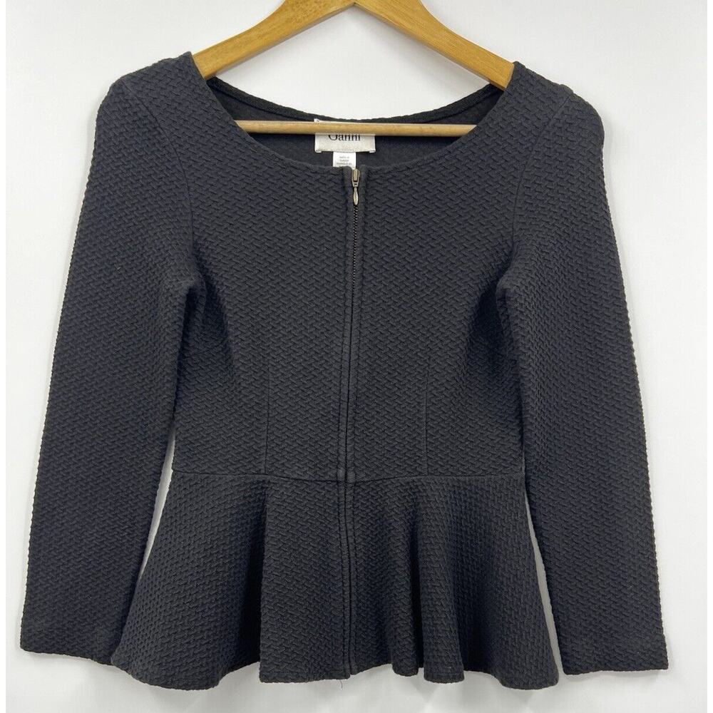 Ganni Blouse‎ Womens Peplum Full Zip Front Ponte Ruffle Top Black XS
